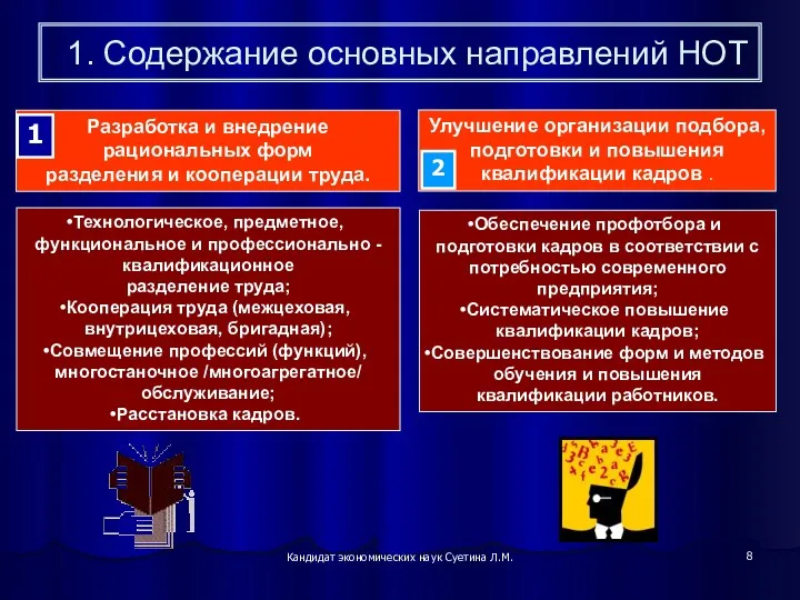 Кандидат экономических наук Суетина Л.М. 1. Содержание основных направлений НОТ