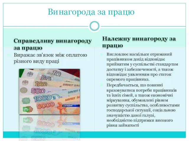 Справедливу винагороду за працю Належну винагороду за працю Виражає зв'язок