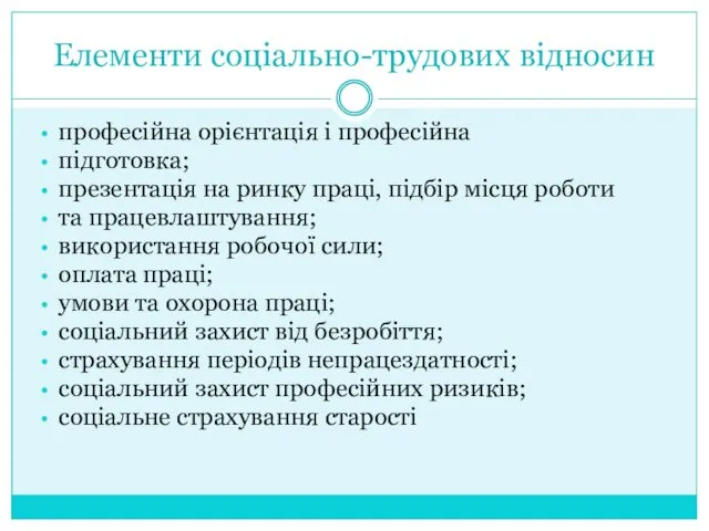 Елементи соціально-трудових відносин професійна орієнтація і професійна підготовка; презентація на