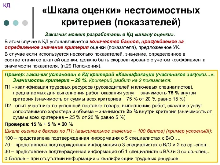 «Шкала оценки» нестоимостных критериев (показателей) Заказчик может разработать в КД