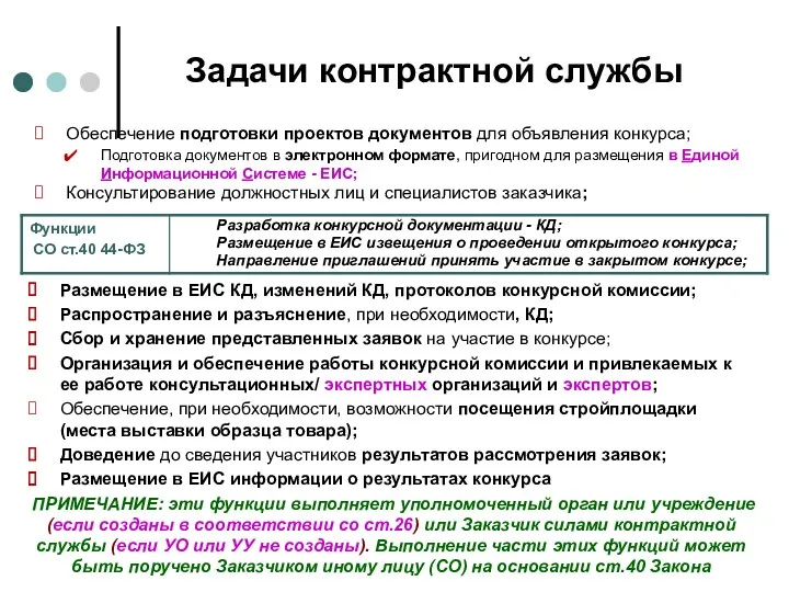 Задачи контрактной службы Обеспечение подготовки проектов документов для объявления конкурса;