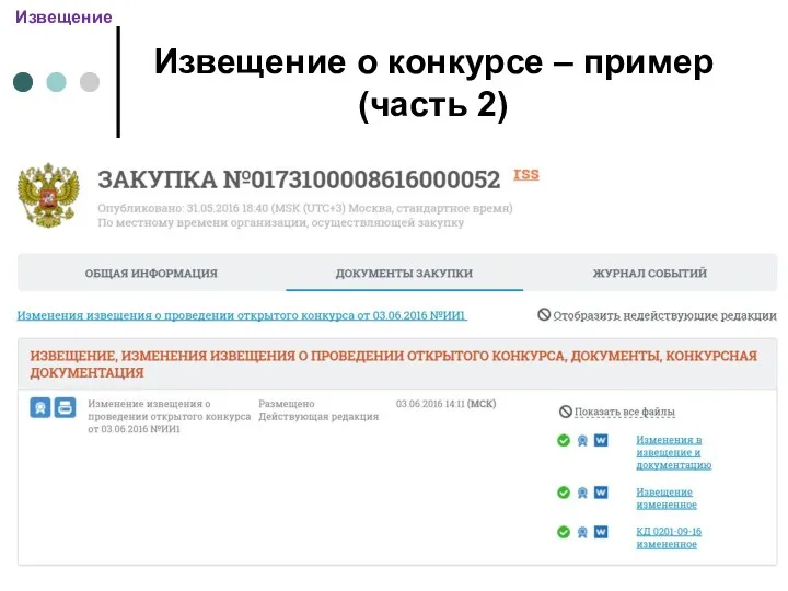 Извещение о конкурсе – пример (часть 2) Извещение