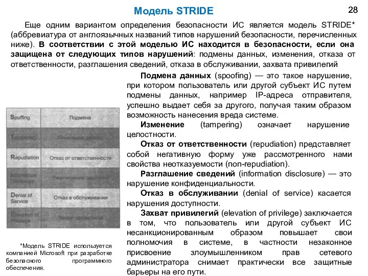 Еще одним вариантом определения безопасности ИС является модель STRIDE* (аббревиатура от англоязычных названий