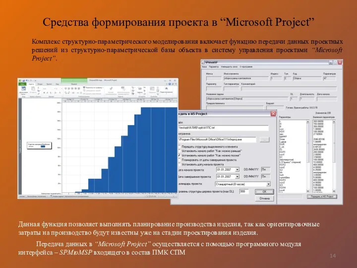 Средства формирования проекта в “Microsoft Project” Комплекс структурно-параметрического моделирования включает функцию передачи данных