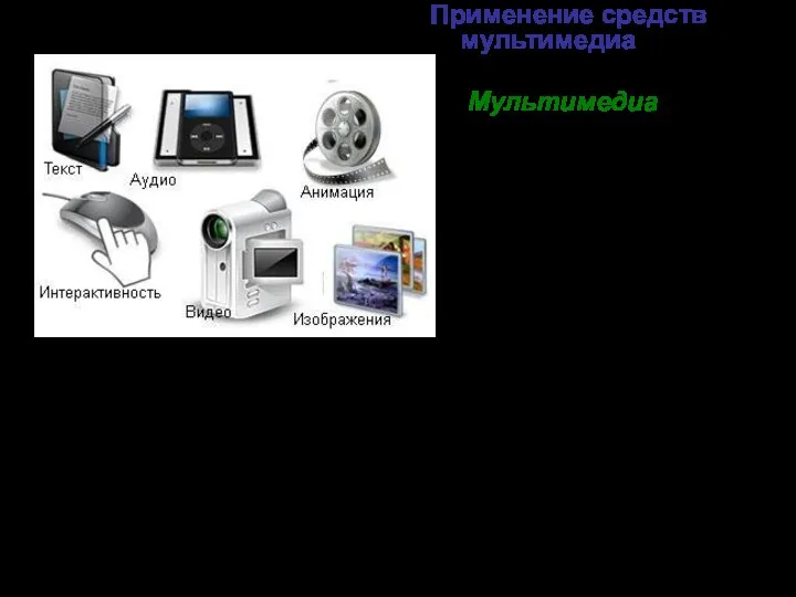 Применение средств мультимедиа Мультимедиа - это интерактивные (диалоговые) системы, обеспечивающие