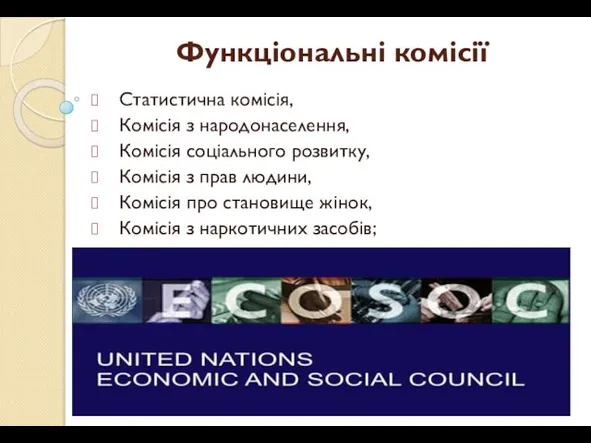 Функціональні комісії Статистична комісія, Комісія з народонаселення, Комісія соціального розвитку,