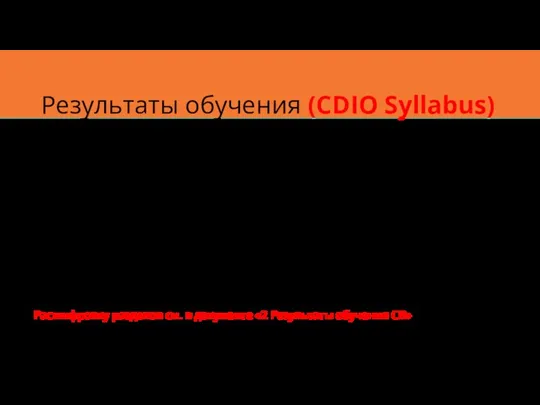 Результаты обучения (CDIO Syllabus) Расшифровку разделов см. в документе «2 Результаты обучения СВ»