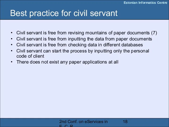 2nd Conf. on eServices in E. C. R. Best practice