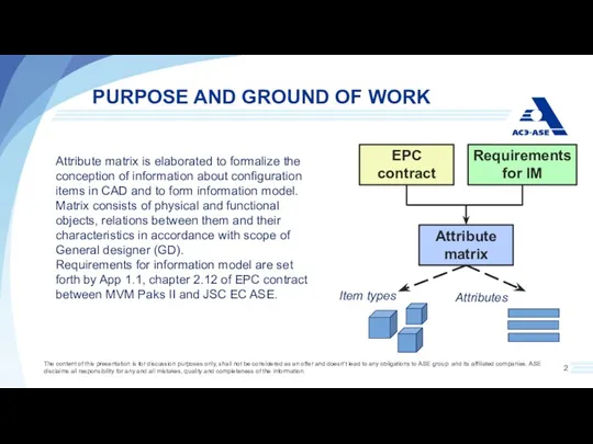 PURPOSE AND GROUND OF WORK The content of this presentation is for discussion