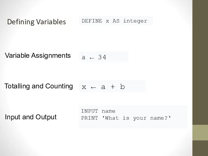 Defining Variables DEFINE x AS integer Variable Assignments a ←