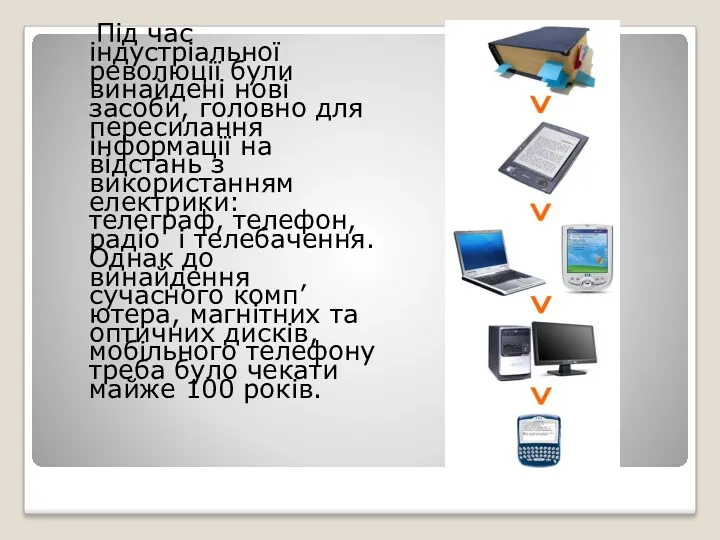 Під час індустріальної революції були винайдені нові засоби, головно для