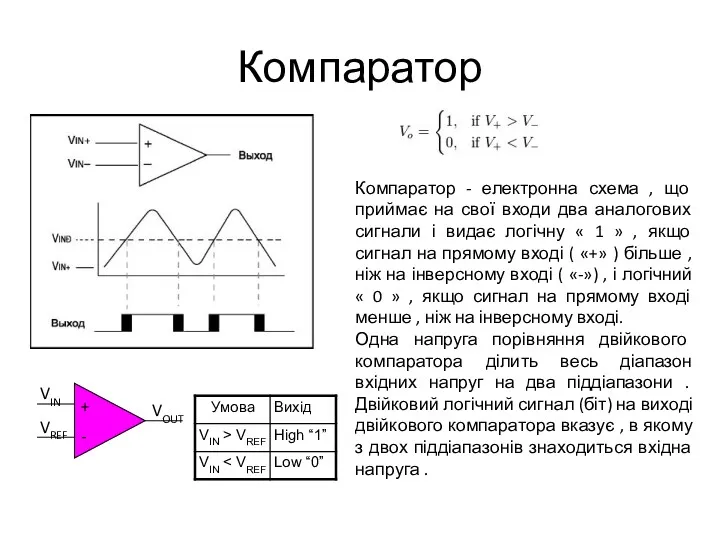 Компаратор Компаратор - електронна схема , що приймає на свої