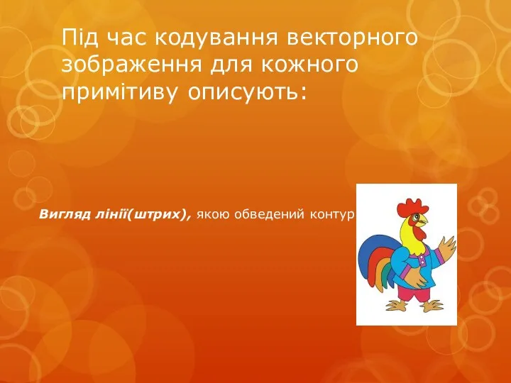 Під час кодування векторного зображення для кожного примітиву описують: Вигляд лінії(штрих), якою обведений контур