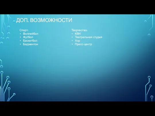 ДОП. ВОЗМОЖНОСТИ Спорт: Воллейбол Футбол Баскетбол Бадминтон Творчество: КВН Театральная студия Хор Пресс-центр