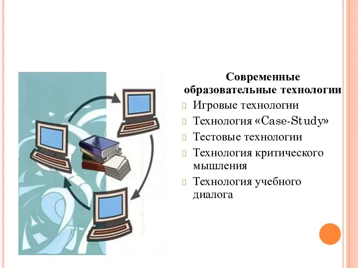 Современные образовательные технологии Игровые технологии Технология «Case-Study» Тестовые технологии Технология критического мышления Технология учебного диалога