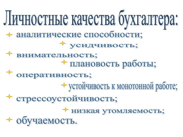 Личностные качества бухгалтера: аналитические способности; усидчивость; внимательность; плановость работы; оперативность;