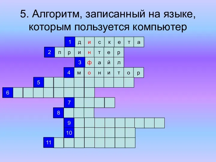 5. Алгоритм, записанный на языке, которым пользуется компьютер д и