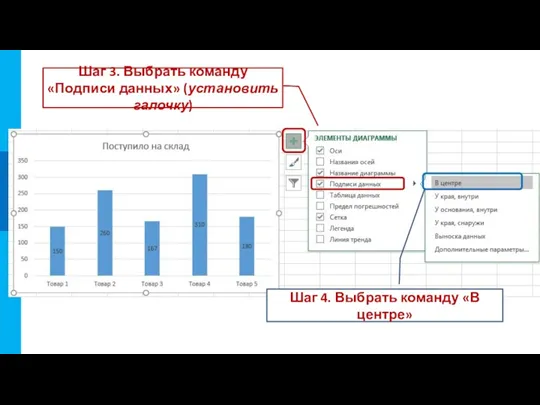 Шаг 3. Выбрать команду «Подписи данных» (установить галочку) Шаг 4. Выбрать команду «В центре»