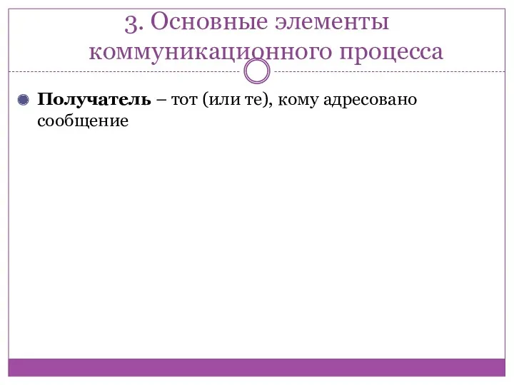 3. Основные элементы коммуникационного процесса Получатель – тот (или те), кому адресовано сообщение