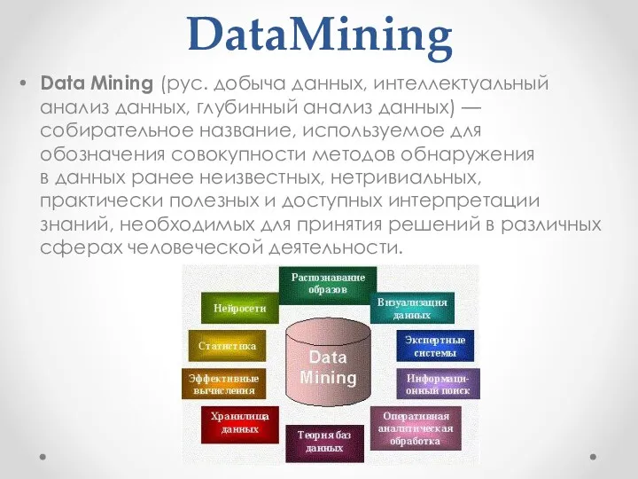 DataMining Data Mining (рус. добыча данных, интеллектуальный анализ данных, глубинный