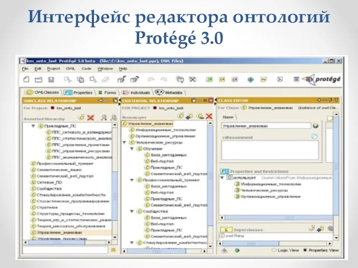 Интерфейс редактора онтологий Protégé 3.0