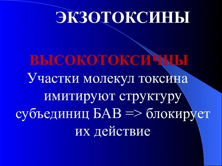 ЭКЗОТОКСИНЫ ВЫСОКОТОКСИЧНЫ Участки молекул токсина имитируют структуру субъединиц БАВ => блокирует их действие