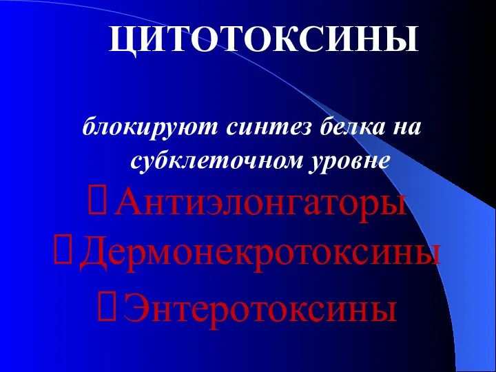 ЦИТОТОКСИНЫ блокируют синтез белка на субклеточном уровне Антиэлонгаторы Дермонекротоксины Энтеротоксины