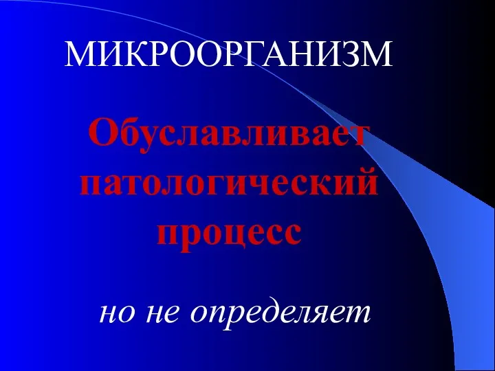 МИКРООРГАНИЗМ Обуславливает патологический процесс но не определяет