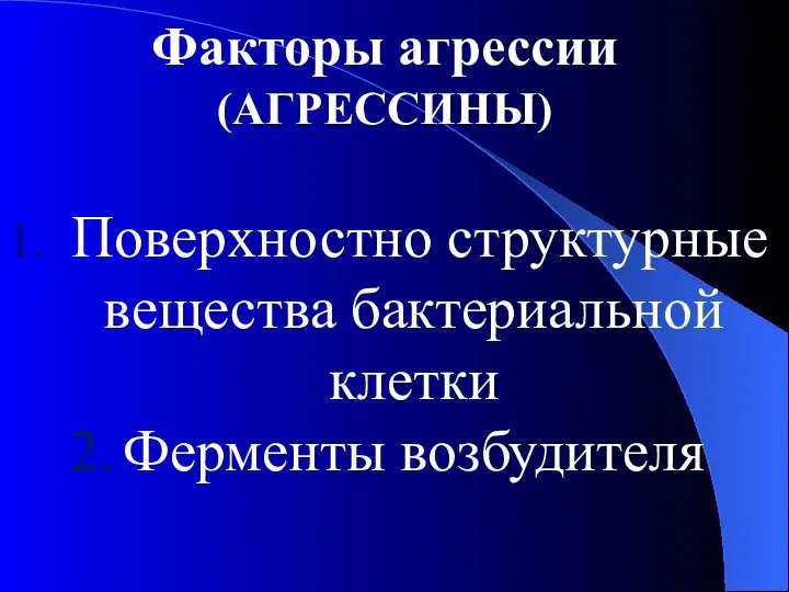 Факторы агрессии (АГРЕССИНЫ) Поверхностно структурные вещества бактериальной клетки Ферменты возбудителя