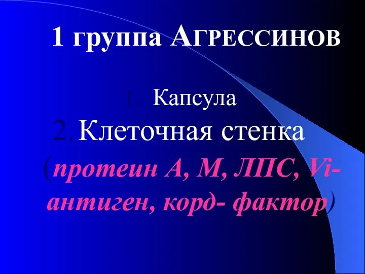 1 группа АГРЕССИНОВ Капсула Клеточная стенка (протеин А, М, ЛПС, Vi- антиген, корд- фактор)