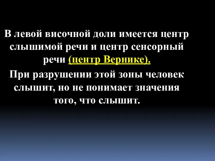 В левой височной доли имеется центр слышимой речи и центр