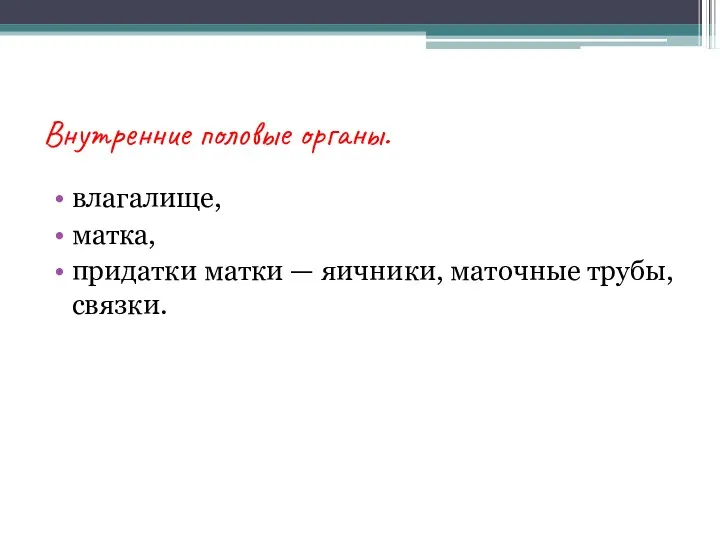 Внутренние половые органы. влагалище, матка, придатки матки — яичники, маточные трубы, связки.