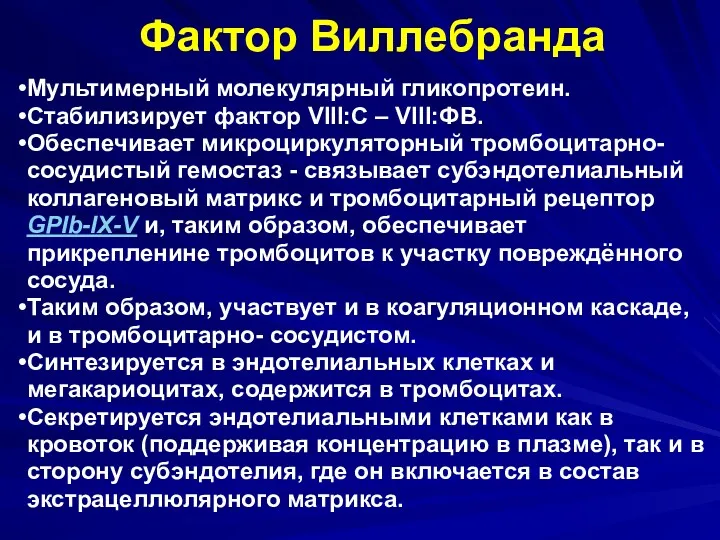 Фактор Виллебранда Мультимерный молекулярный гликопротеин. Стабилизирует фактор VIII:C – VIII:ФВ.