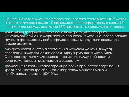 Общее число гранулоцитов у взрослого человека составляет 2*1010 клеток. Из