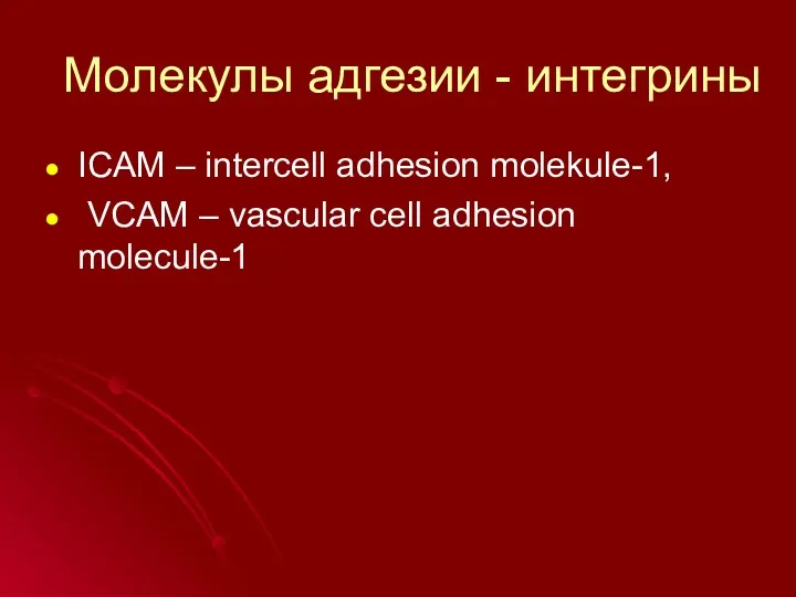 Молекулы адгезии - интегрины ICAM – intercell adhesion molekule-1, VCAM – vascular cell adhesion molecule-1