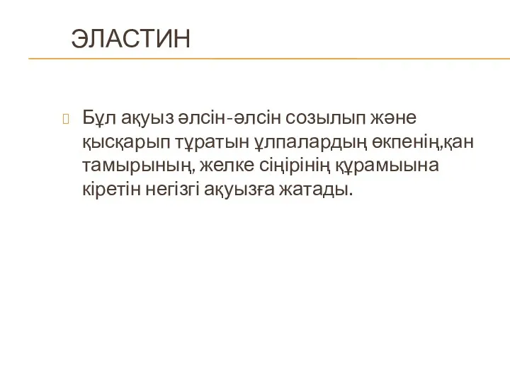 ЭЛАСТИН Бұл ақуыз әлсін-әлсін созылып және қысқарып тұратын ұлпалардың өкпенің,қан