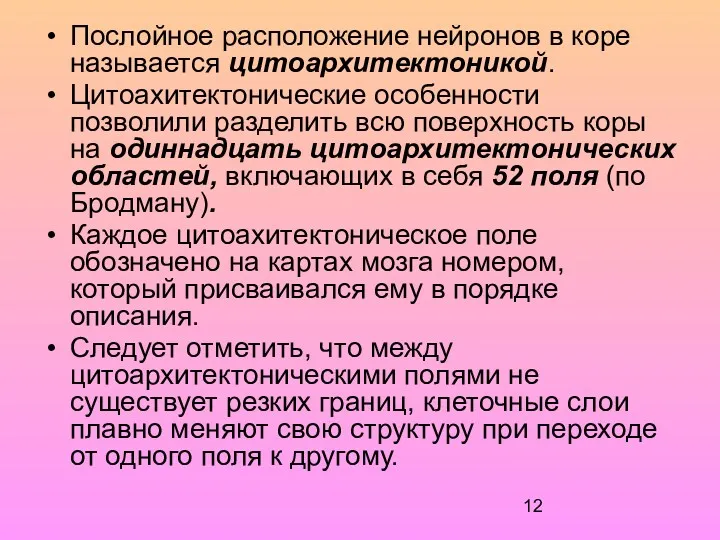 Послойное расположение нейронов в коре называется цитоархитектоникой. Цитоахитектонические особенности позволили разделить всю поверхность