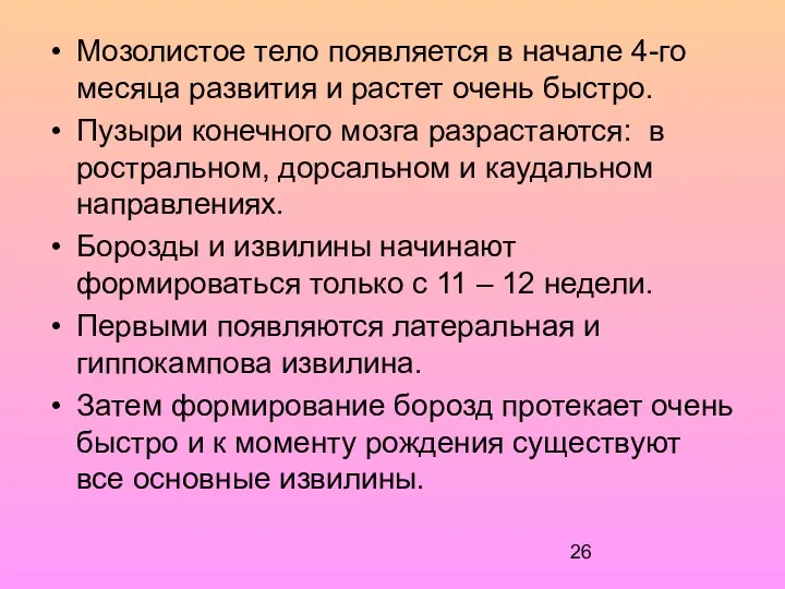 Мозолистое тело появляется в начале 4-го месяца развития и растет очень быстро. Пузыри