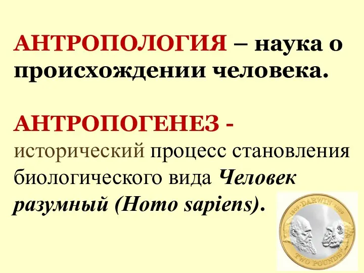 АНТРОПОЛОГИЯ – наука о происхождении человека. АНТРОПОГЕНЕЗ -исторический процесс становления биологического вида Человек разумный (Homo sapiens).