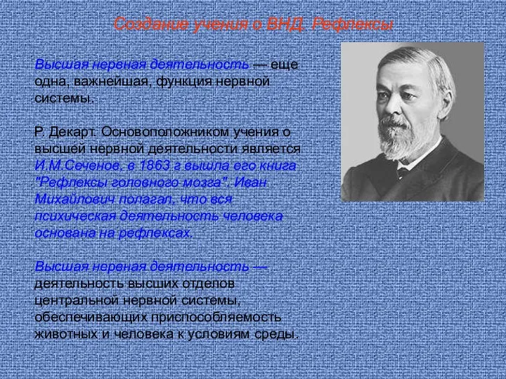 Создание учения о ВНД. Рефлексы Высшая нервная деятельность — еще