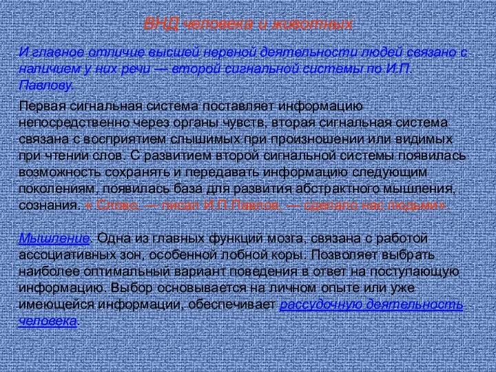 ВНД человека и животных И главное отличие высшей нервной деятельности