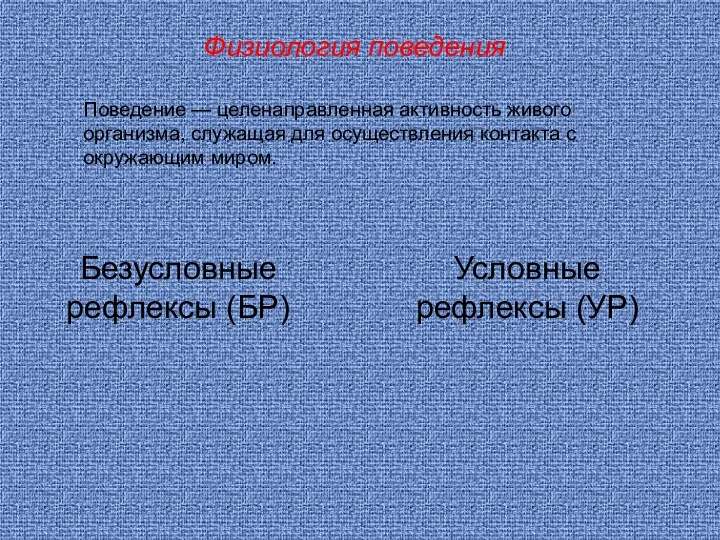 Физиология поведения Поведение — целенаправленная активность живого организма, служащая для