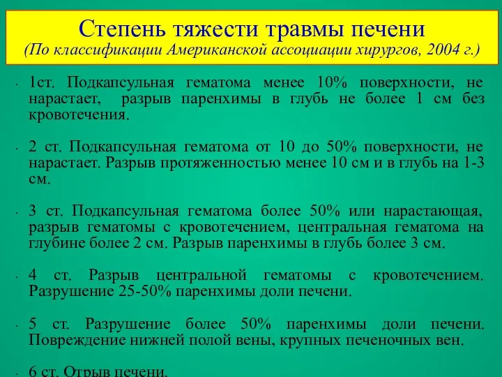 Степень тяжести травмы печени (По классификации Американской ассоциации хирургов, 2004