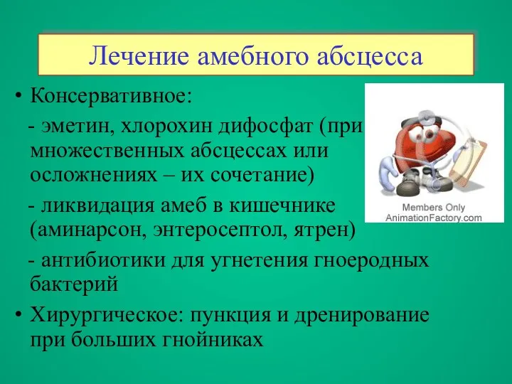 Лечение амебного абсцесса Консервативное: - эметин, хлорохин дифосфат (при множественных