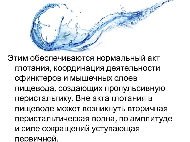 Этим обеспечиваются нормальный акт глотания, координация деятельности сфинктеров и мышечных