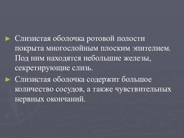 Слизистая оболочка ротовой полости покрыта многослойным плоским эпителием. Под ним