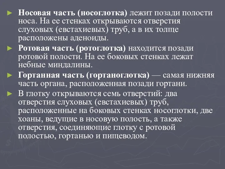 Носовая часть (носоглотка) лежит позади полости носа. На ее стенках