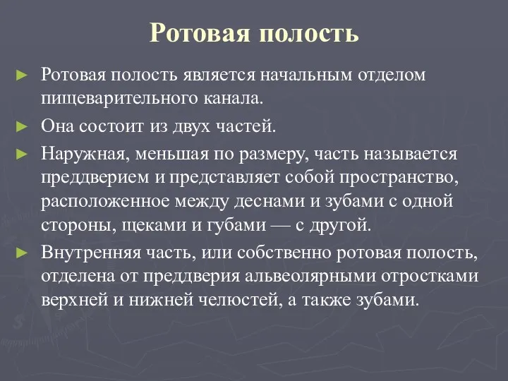 Ротовая полость Ротовая полость является начальным отделом пищеварительного канала. Она