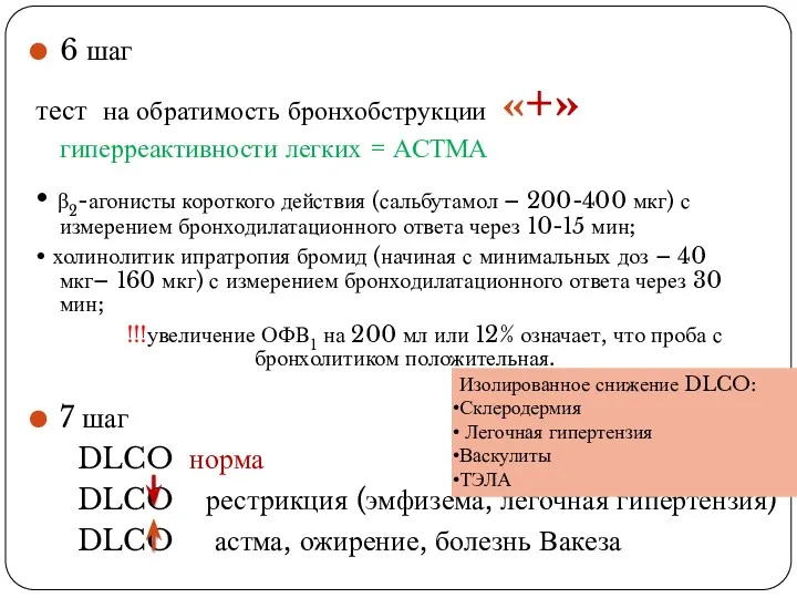 6 шаг тест на обратимость бронхобструкции «+» гиперреактивности легких =