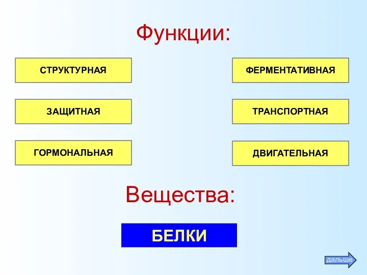 СТРУКТУРНАЯ ДВИГАТЕЛЬНАЯ ЗАЩИТНАЯ ФЕРМЕНТАТИВНАЯ ТРАНСПОРТНАЯ ГОРМОНАЛЬНАЯ БЕЛКИ Вещества: Функции: